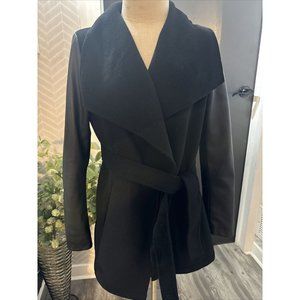Laundry By Shelli Segal Wrap Coat Black Faux Leather Wool Women’s Size Medium
